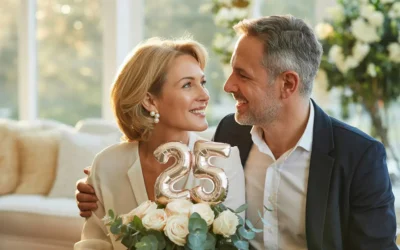 Een gelukkig echtpaar van in de 50 viert hun zilveren bruiloft met bloemen en een glimlach, op zoek naar het perfecte cadeau.