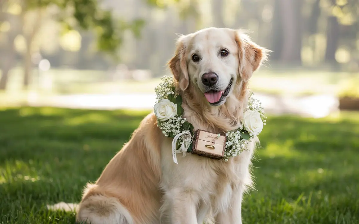 hond met trouwringen halsband