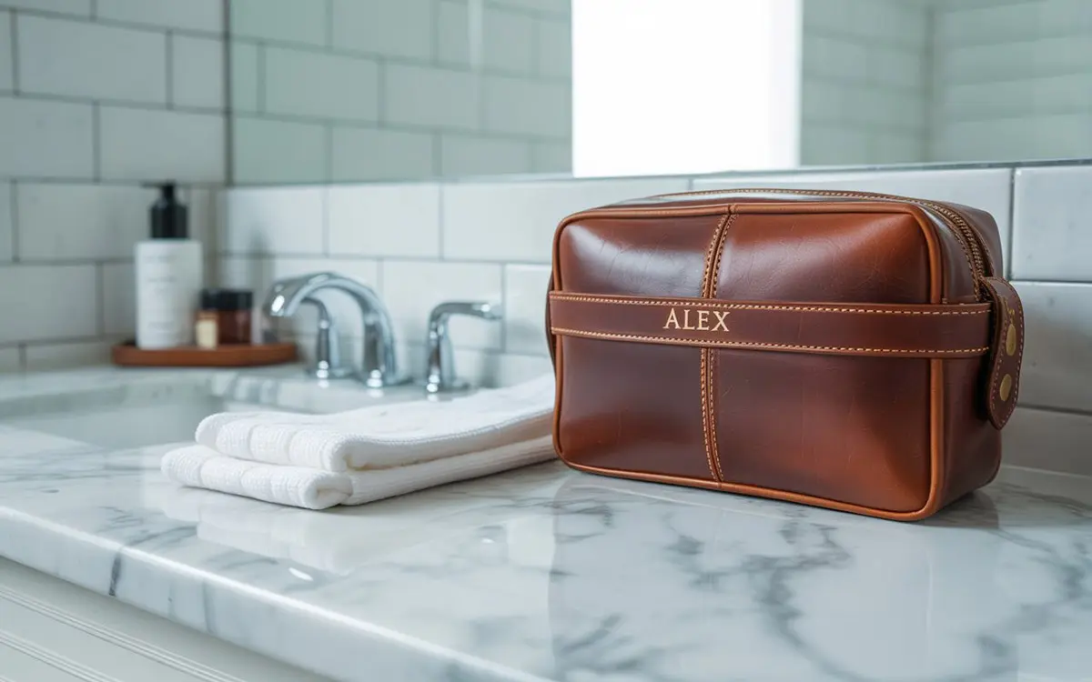 leren toilettas man naam embossed