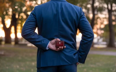Man verbergt ringdoosje achter zijn rug vlak voor het aanzoek