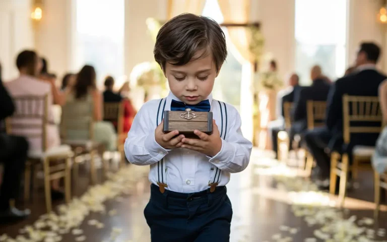 Schattige ringdrager loopt met ringdoosje door het gangpad