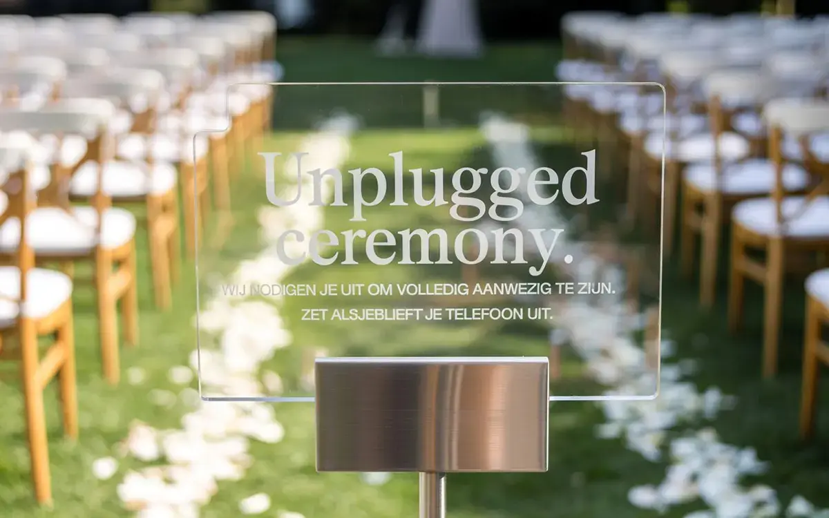 Modern acryl welkomstbord met een praktische 'Unplugged Ceremony' tekst, verzoekend om telefoons uit te zetten