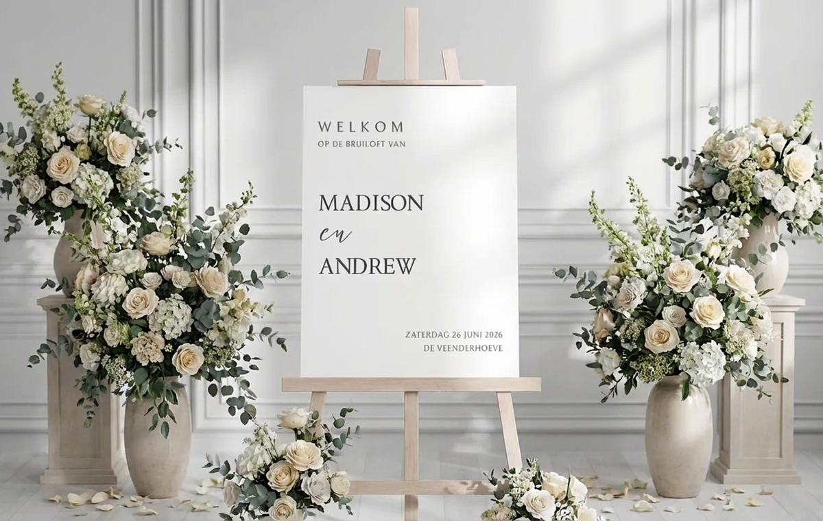 Wit welkomstbord huwelijk met strakke moderne fonts omringd met prachtige bloemen