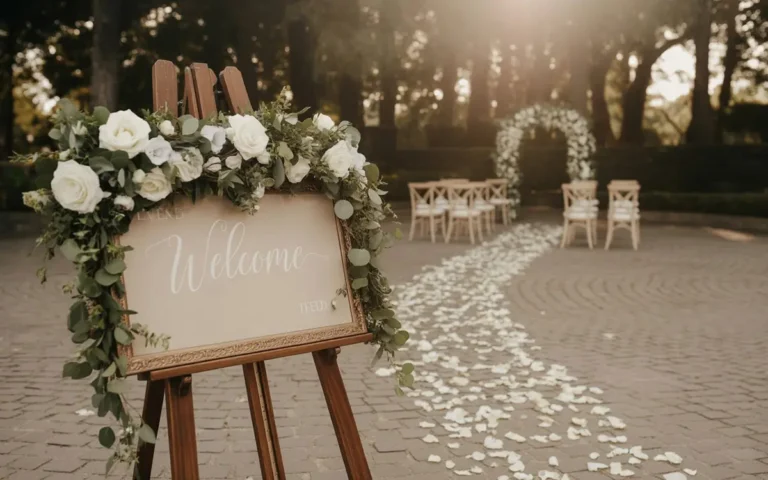 Een prachtig geplaatst welkomstbord op een houten schildersezel bij de entree van een trouwlocatie tijdens het gouden uur
