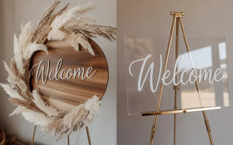 Vergelijking tussen een rond houten welkomstbord (boho) en een rechthoekig acryl bord (modern)