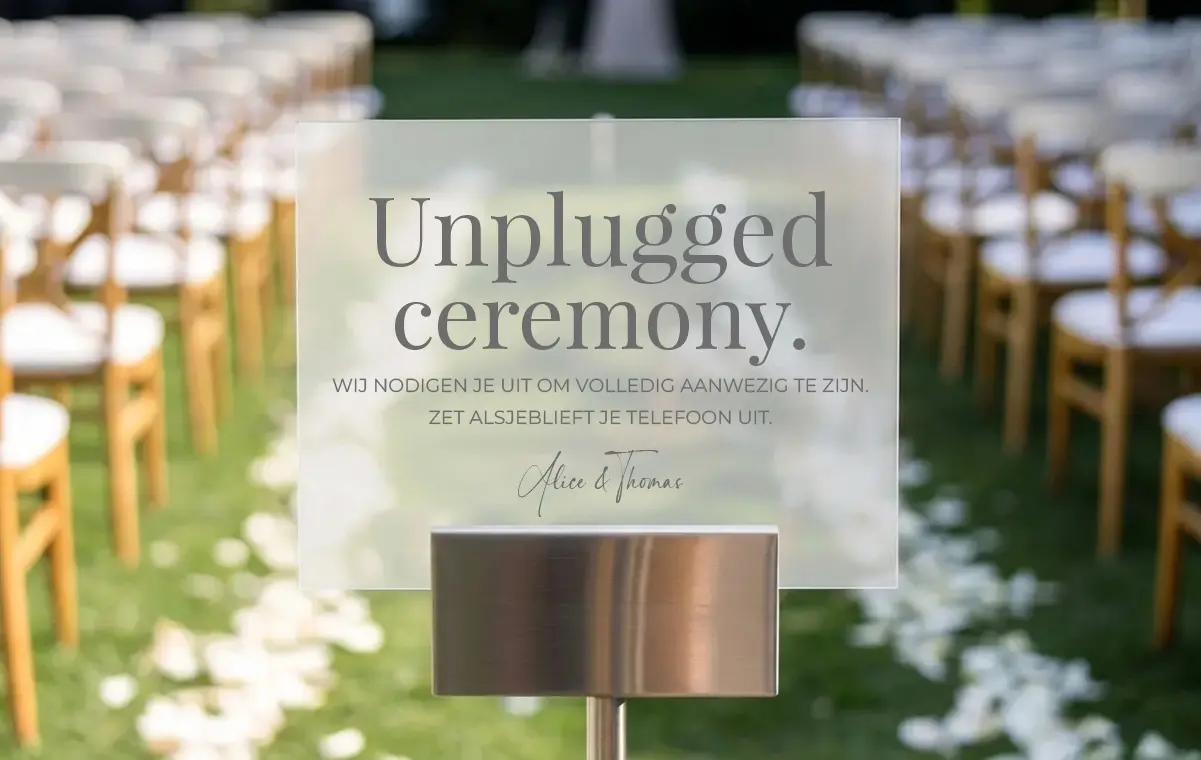 Welkomstbord met tekst unplugged ceremony. geplaatst op het gangpad van een buiten bruiloft