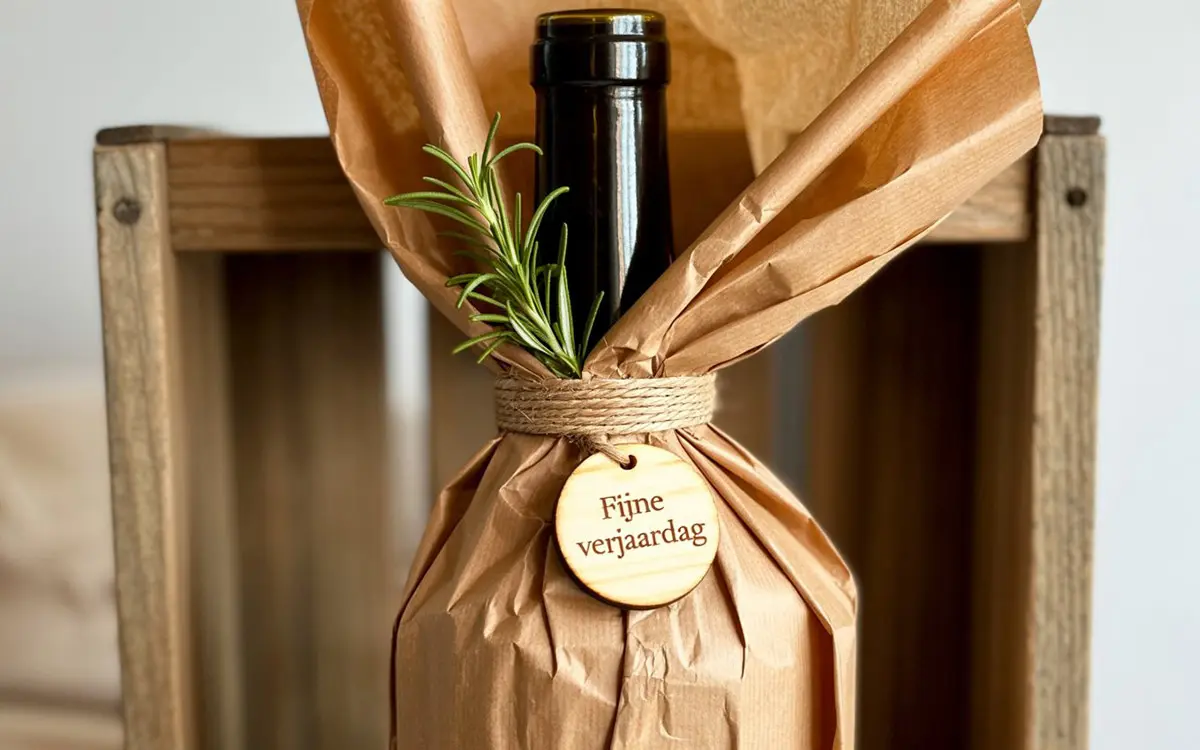 wijnfles creatief ingepakt kraftpapier