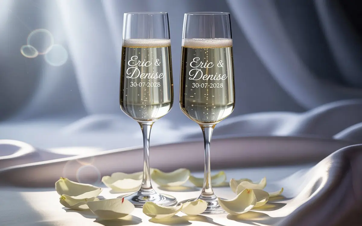 Champagneglazen met namen en trouwdatum