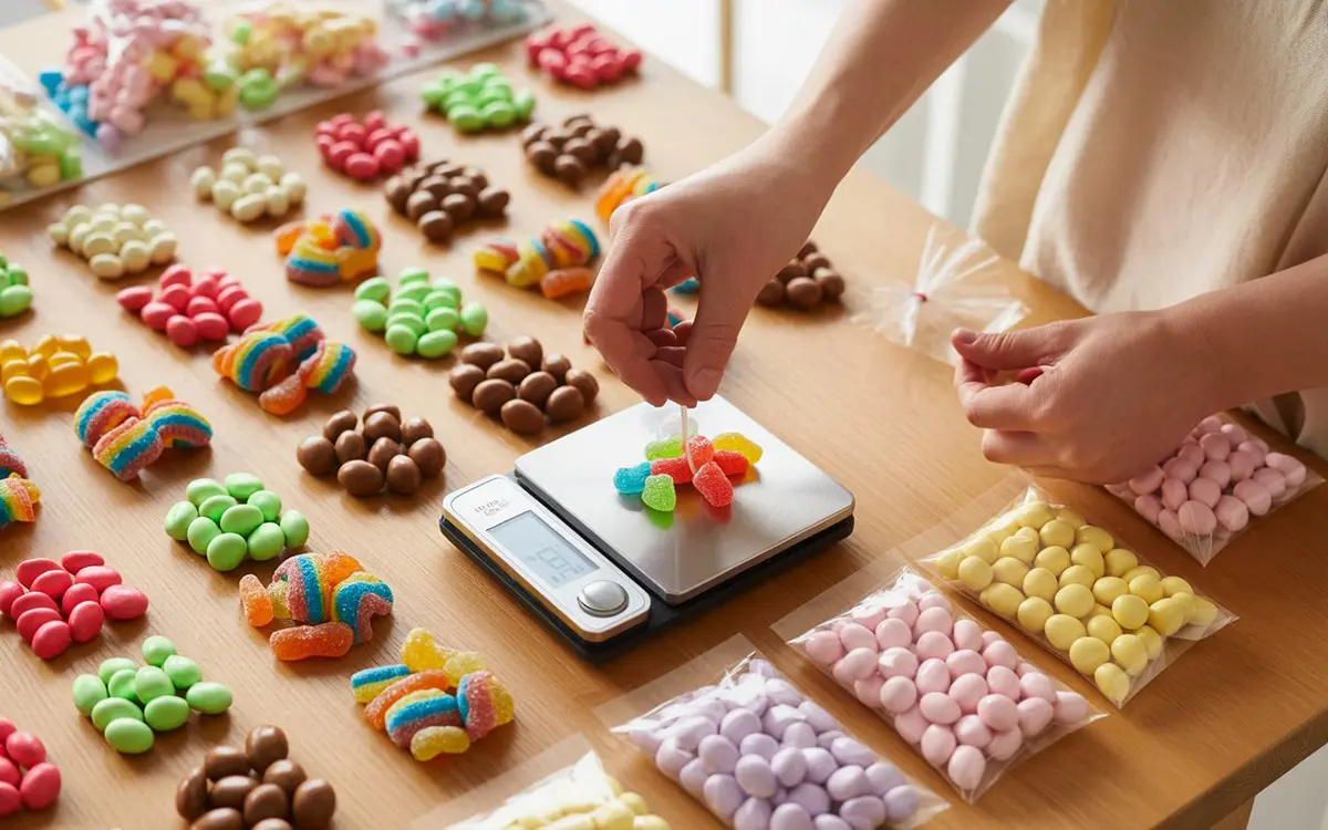 Overzicht van snoepgoed op een tafel met een weegschaal om de hoeveelheid voor snoepzakjes te berekenen.