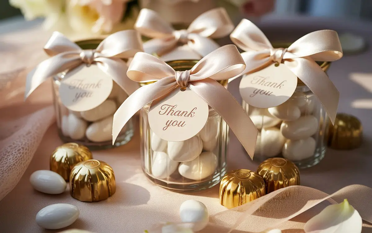 Elegante huwelijksbedankjes met goud en wit