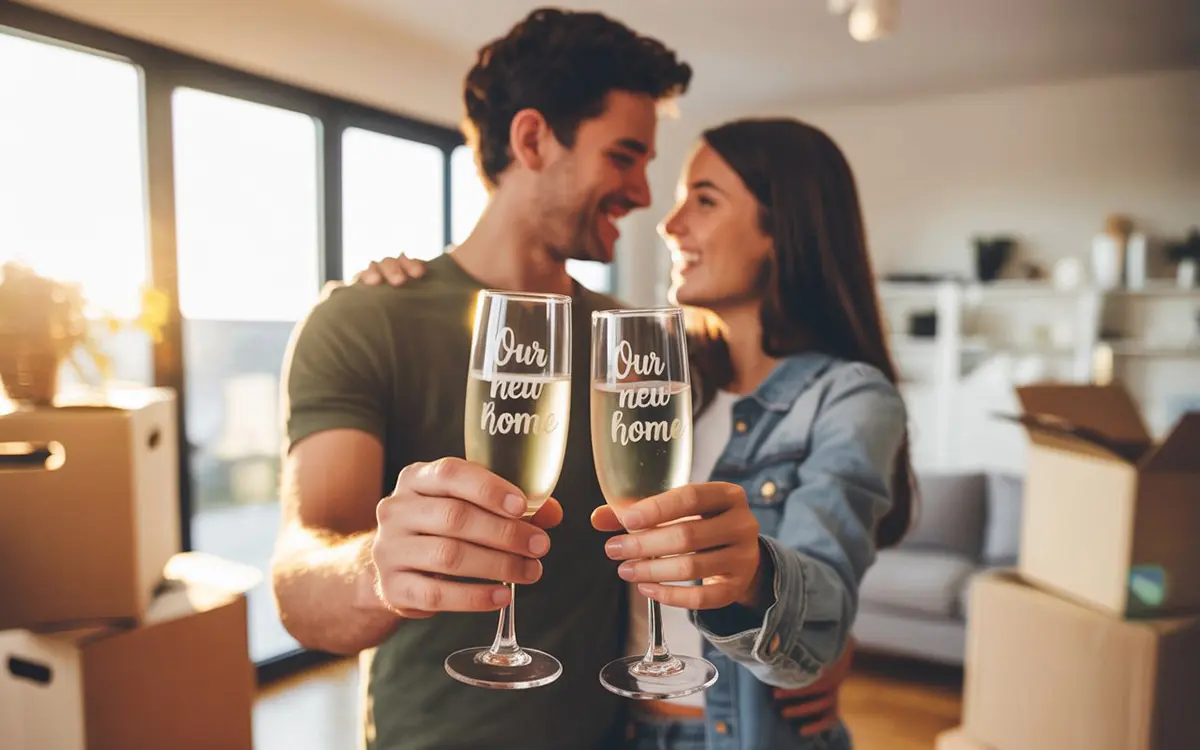 Een stel proost met gegraveerde champagneglazen in hun nieuwe woonkamer tijdens een housewarming.