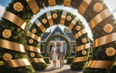 Een traditionele groene ereboog met gele rozen en gouden linten voor een 50-jarig huwelijksjubileum.