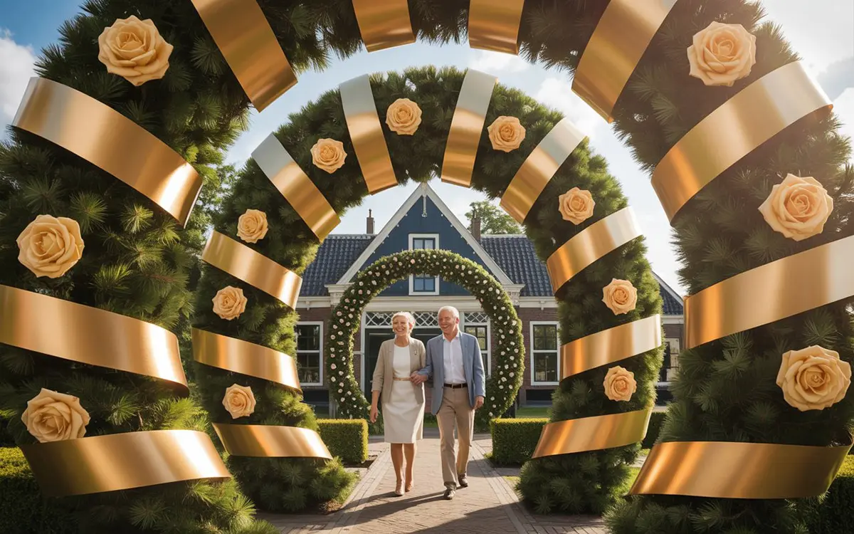 Een traditionele groene ereboog met gele rozen en gouden linten voor een 50-jarig huwelijksjubileum.