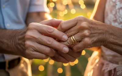 Gouden trouwringen op elkaars hand, symbool voor 50 jaar liefde en een gouden huwelijk.