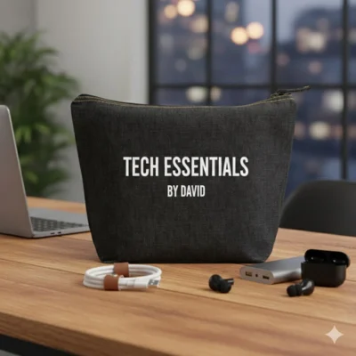 Grote zwarte canvas gadget tas met witte tekst TECH ESSENTIALS op houten tafel.