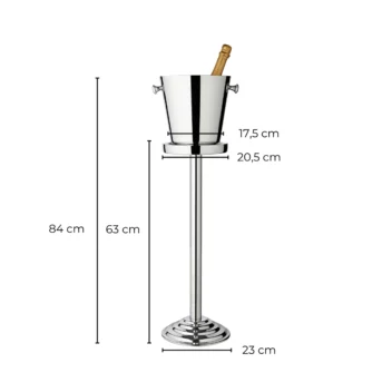 Technische tekening van de champagnekoeler op standaard: hoogte 85 cm, koeler 23 cm.