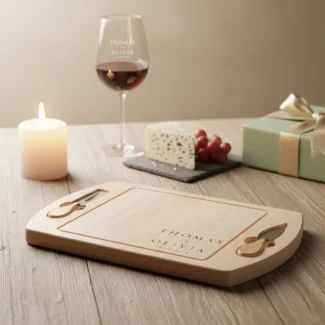 Grote luxe houten kaasplank van 38x25cm met twee verzonken kaasmesjes en gepersonaliseerd design.