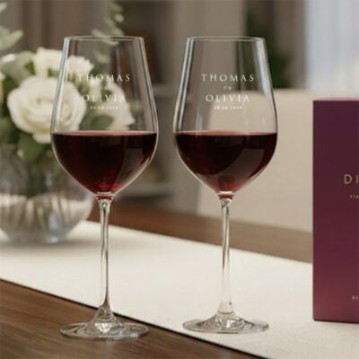 Set van twee gepersonaliseerde kristallen rode wijnglazen met wit-matte gravure als luxe cadeau voor het bruidspaar.