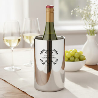 Luxe rvs wijnkoeler met een gedetailleerde 'Heritage Crest' gravure en trouwdatum.