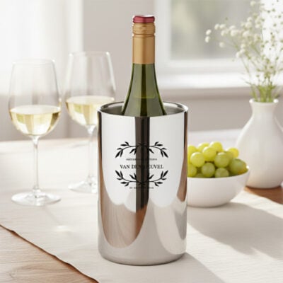 Luxe rvs wijnkoeler met een gedetailleerde 'Heritage Crest' gravure en trouwdatum.