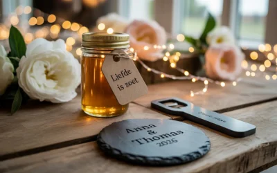 Een sfeervolle setting van diverse trouwbedankjes zoals onderzetters en flesopeners met persoonlijke bedankteksten en labels.