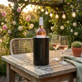 Gepersonaliseerde zwarte wijnkoeler met verticale naam op een tuintafel in de zon