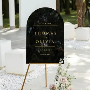 Luxe Noir Zwart Acryl Welkomstbord met Gouden Tekst op gouden ezel
