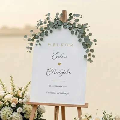 Wit acryl arch welkomstbord Love Heart op ezel bij buitenbruiloft