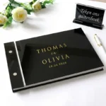 Gastenboek acryl zwart met goud spiegel effect gepersonaliseerd met namen en datum bruiloft
