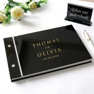 Gastenboek acryl zwart met goud spiegel effect gepersonaliseerd met namen en datum bruiloft
