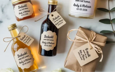 Gepersonaliseerde bruiloft bedankjes op witte marmeren ondergrond: honingpotjes, mini wijnflesjes en kaarsen met persoonlijk label, versierd met witte rozen en eucalyptus