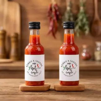 Hot sauce bedankje One Hot Couple met vinyl etiket gepersonaliseerd met naam en datum
