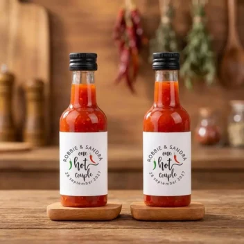 Hot sauce bedankje bruiloft One Hot Couple met namen en datum