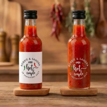 Hot sauce bedankje bruiloft One Hot Couple gepersonaliseerd met namen en datum mat vinyl etiket