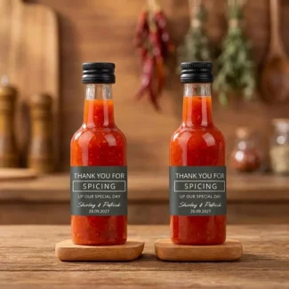 Gepersonaliseerde hot sauce bedankjes bruiloft met zwart label Spicing Up Our Special Day en namen van het bruidspaar.