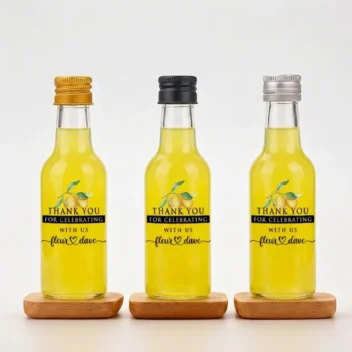 Gepersonaliseerd mini shotflesje voor limoncello bedankje bruiloft met luxe 3D reliëf print Thanks for Celebrating