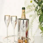 Luxe hoogglans zilveren wijnkoeler met gegraveerde naam en monogram