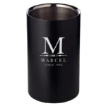 Matzwarte wijnkoeler gepersonaliseerd met monogram M, naam Marcel en Since 1996 - horecagrade RVS met lasergravure