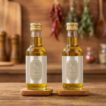 Olijfolie bedankje verjaardag Infused With Joy Birthday Party op houten onderzetters