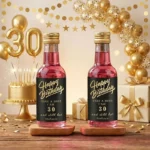 Gepersonaliseerd shotflesje bedankje verjaardag vrouw 30 jaar goud zwart design Still Hot met naam Stefanie.