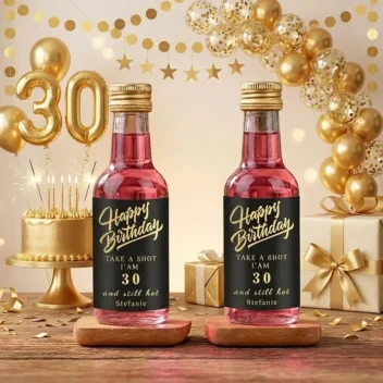 Shotflesje bedankje verjaardag vrouw Still Hot zwart goud transparant etiket met roze gin