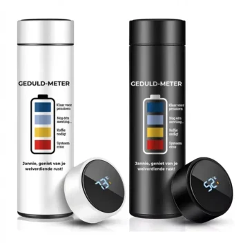 Thermosfles Geduld-Meter wit met LED display gepersonaliseerd pensioen cadeau