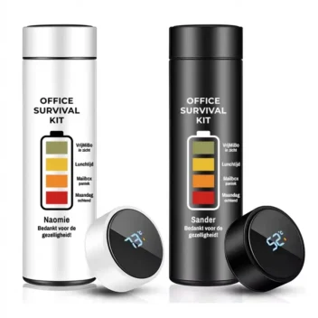 Thermosfles Office Survival Kit wit met LED display en gepersonaliseerde naam afscheidscadeau collega