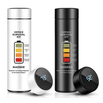 Thermosfles Office Survival Kit wit en zwart gepersonaliseerd met naam en eigen tekst LED temperatuurdisplay
