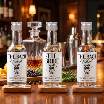 Vrijgezellenfeest gin flesjes The Bach Club en The Bride wit etiket set van drie