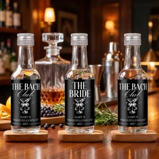 rijgezellenfeest gin flesjes The Bach Club en The Bride zwart etiket set van drie