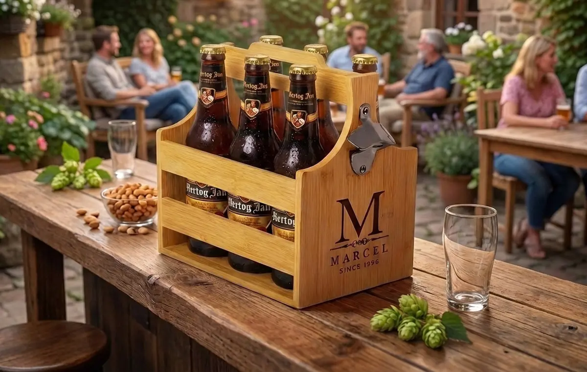 Bamboe beer caddy gepersonaliseerd met naam en initialen