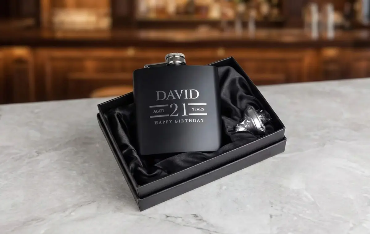 Heupfles gegraveerd cadeauset voor verjaardag op eeen marmere tafel