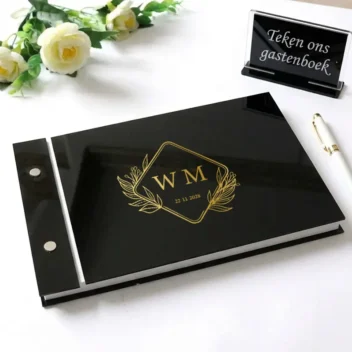Gastenboek acryl diamant monogram zwart met gouden bedrukking gepersonaliseerd met initialen namen en datum bruiloft