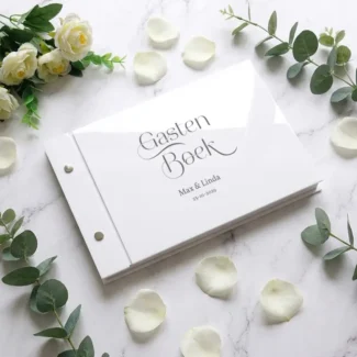 Gastenboek acryl Script Font in Wit met actraciet bedrukking gepersonaliseerd met namen en datum bruiloft